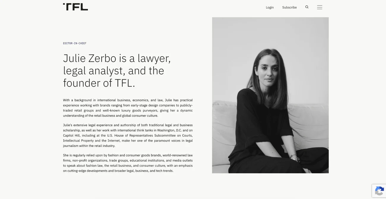 Author profile on The Fashion Law website
