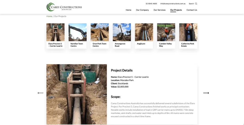 Civil infrastructure project on the Carey Constructions website