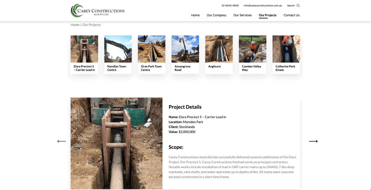 Civil infrastructure project on the Carey Constructions website