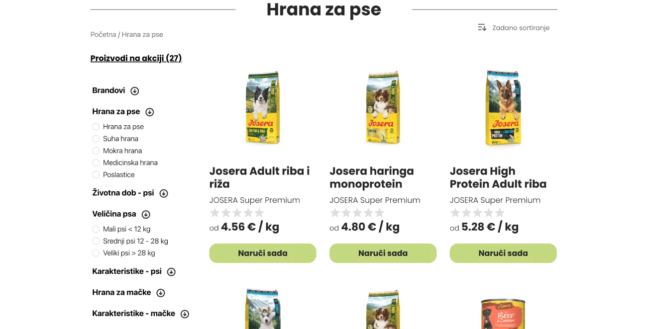 Pet food categories and product filtering on DogCity