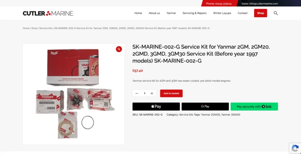 Marine engine product page on the Cutler Marine WooCommerce store