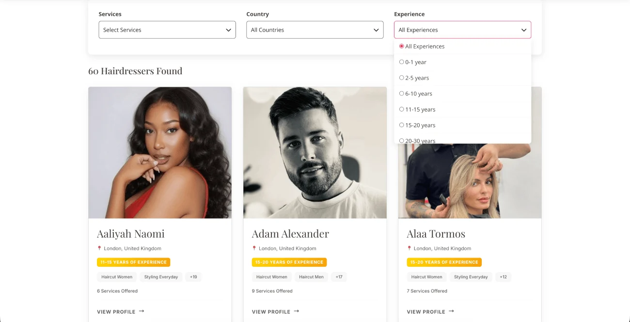 Rate My Hair professional hairdresser profiles