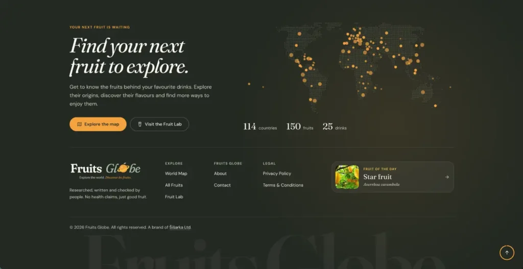 Fruits Globe footer with a dotted world map, exploration links and a featured fruit of the day