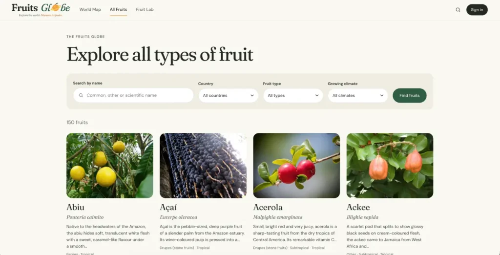 Fruits Globe fruit directory with search and filters for country, fruit type and growing climate