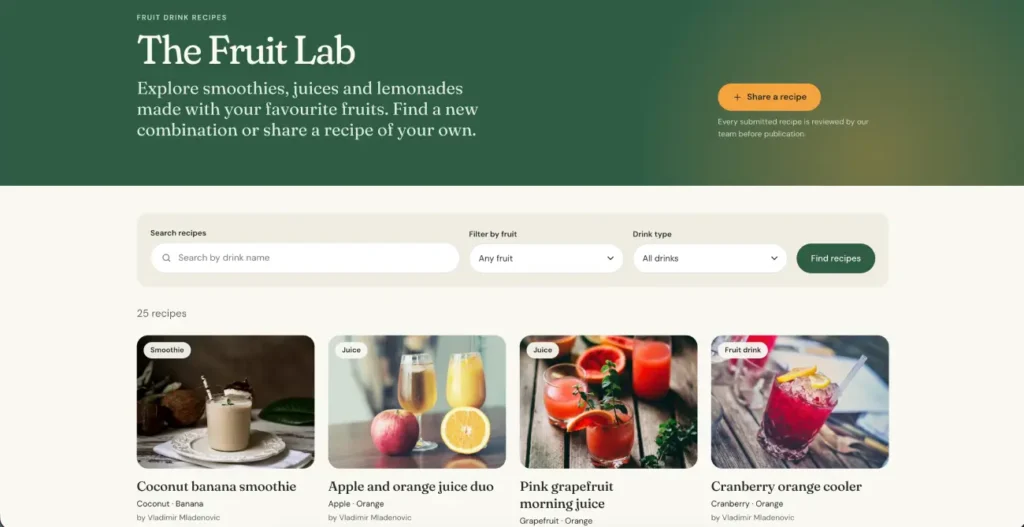 Fruit Lab recipe directory with drink photography and filters for fruit and drink type