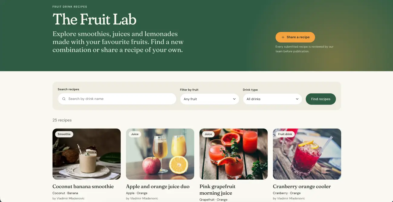 Fruit Lab recipe directory with drink photography and filters for fruit and drink type