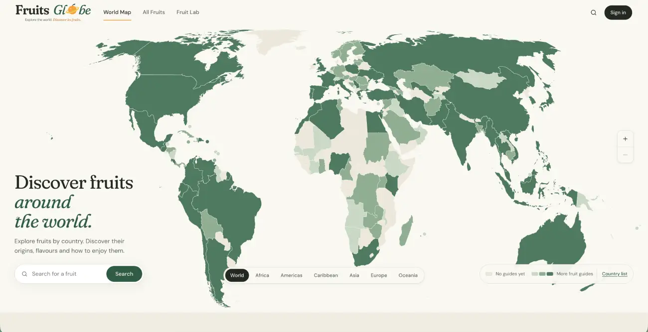 Fruits Globe homepage with an interactive world map for exploring fruits by country